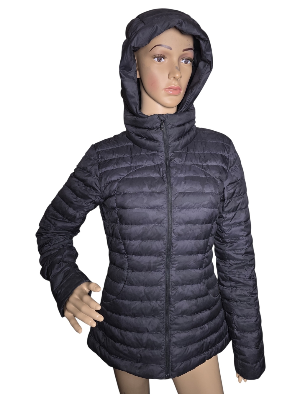 Lululemon Pack It Down Again Jacket Black Camo Packable Hooded Puffer Size 8